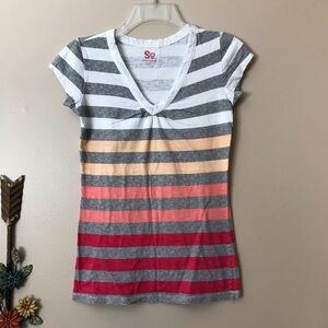 SO Striped Ruched V-Neck SS Tee Size Small EUC